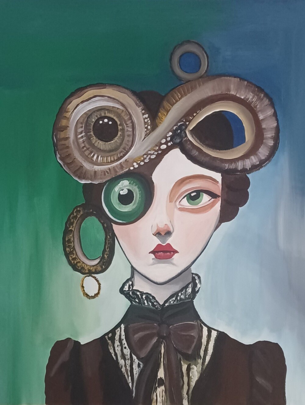 Original Acrylic Green and Brown Surreal Portrait Canvas Wall Art